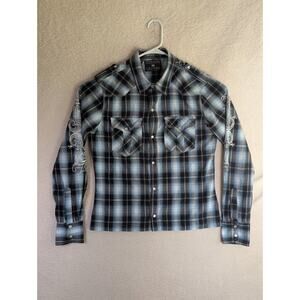Pop Icon Shirt Mens Small Black Blue Plaid Pearl Snap Button Up Y2K READ